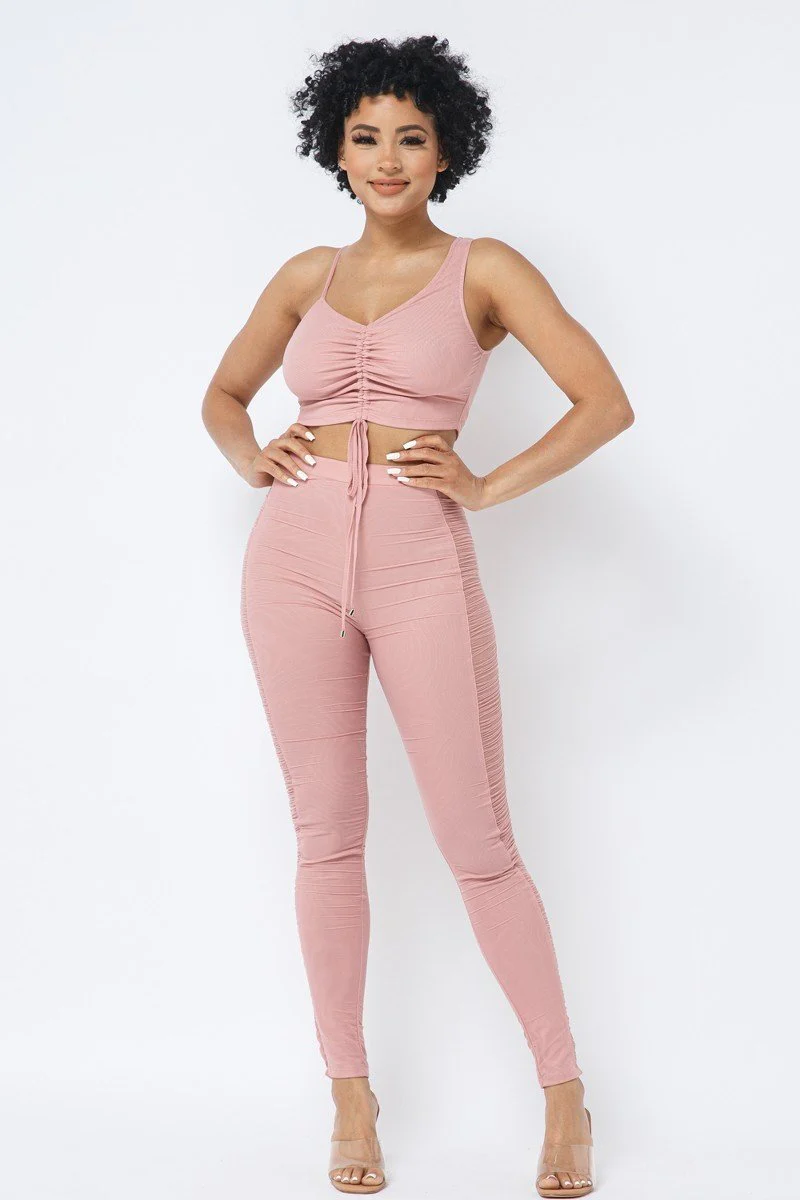 Haut court froncé réglable à bretelles en maille avec leggings transparents assortis à panneau latéral