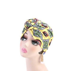 Diaytar Sénégal Bonnet Femme Style Turban avec Noeud à Motif Wax Jaune BONNET & DURAG
