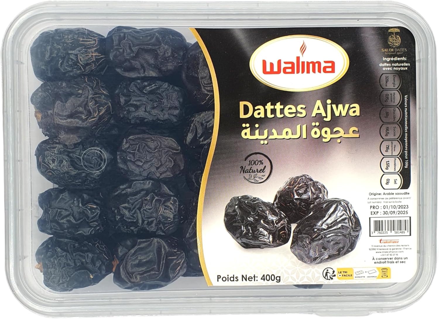 Dattes AJWA 400g - Walima, Premium et 100% Naturelles, Sans Conservateur Ni Additifs