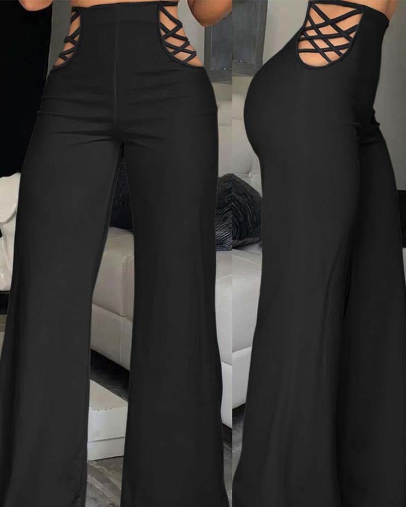 Pantalon large taille haute à ruban tendance