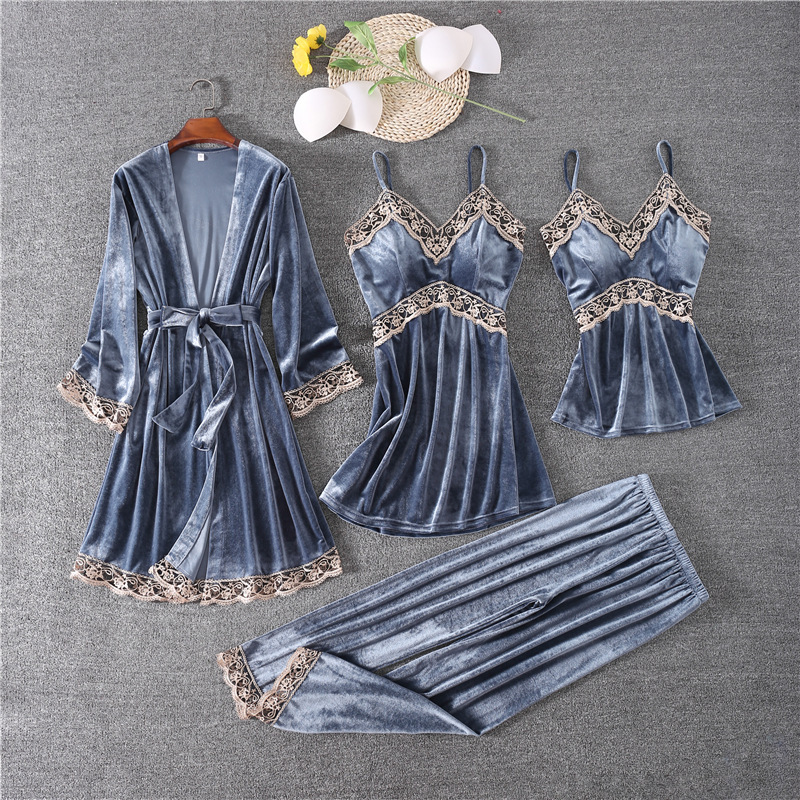 Pyjama sexy en velours doré, ensemble de vêtements de maison 4 pièces