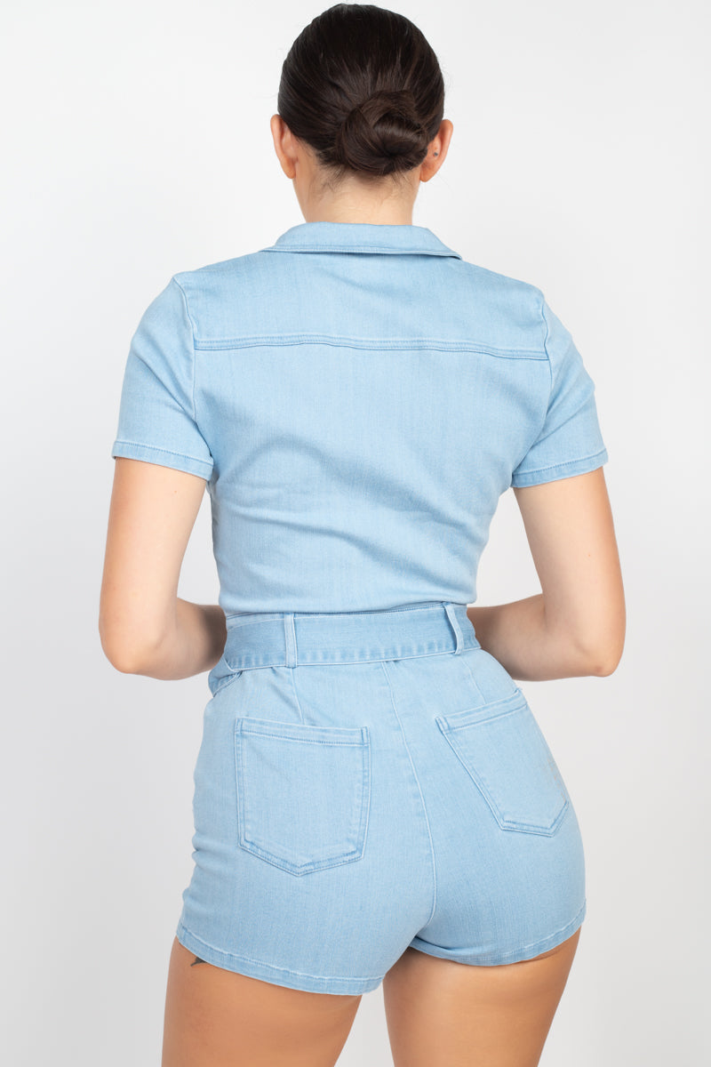 Barboteuse en jean zippée à ceinture