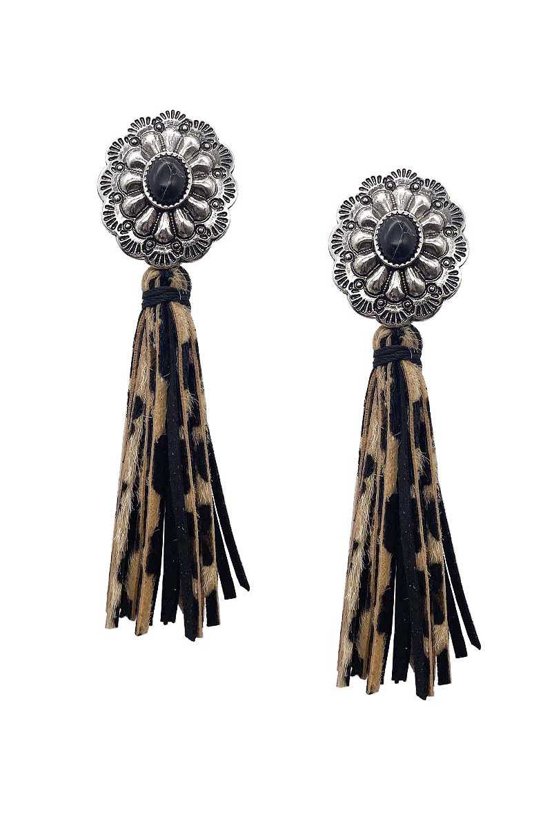Boucle d'oreille pendante en faux cuir et pierre naturelle de style occidental