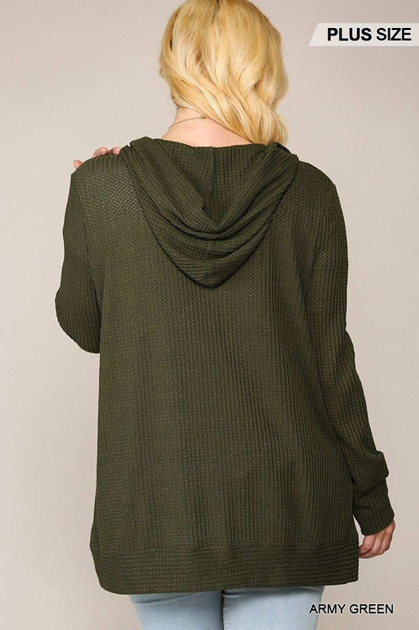 Cardigan à capuche gaufré uni avec col à revers