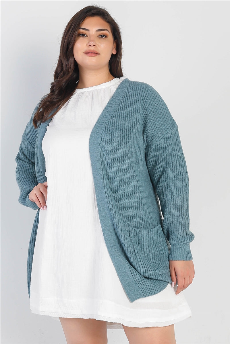 Cardigan à deux poches ouvert sur le devant en tricot bleu émeraude Plus