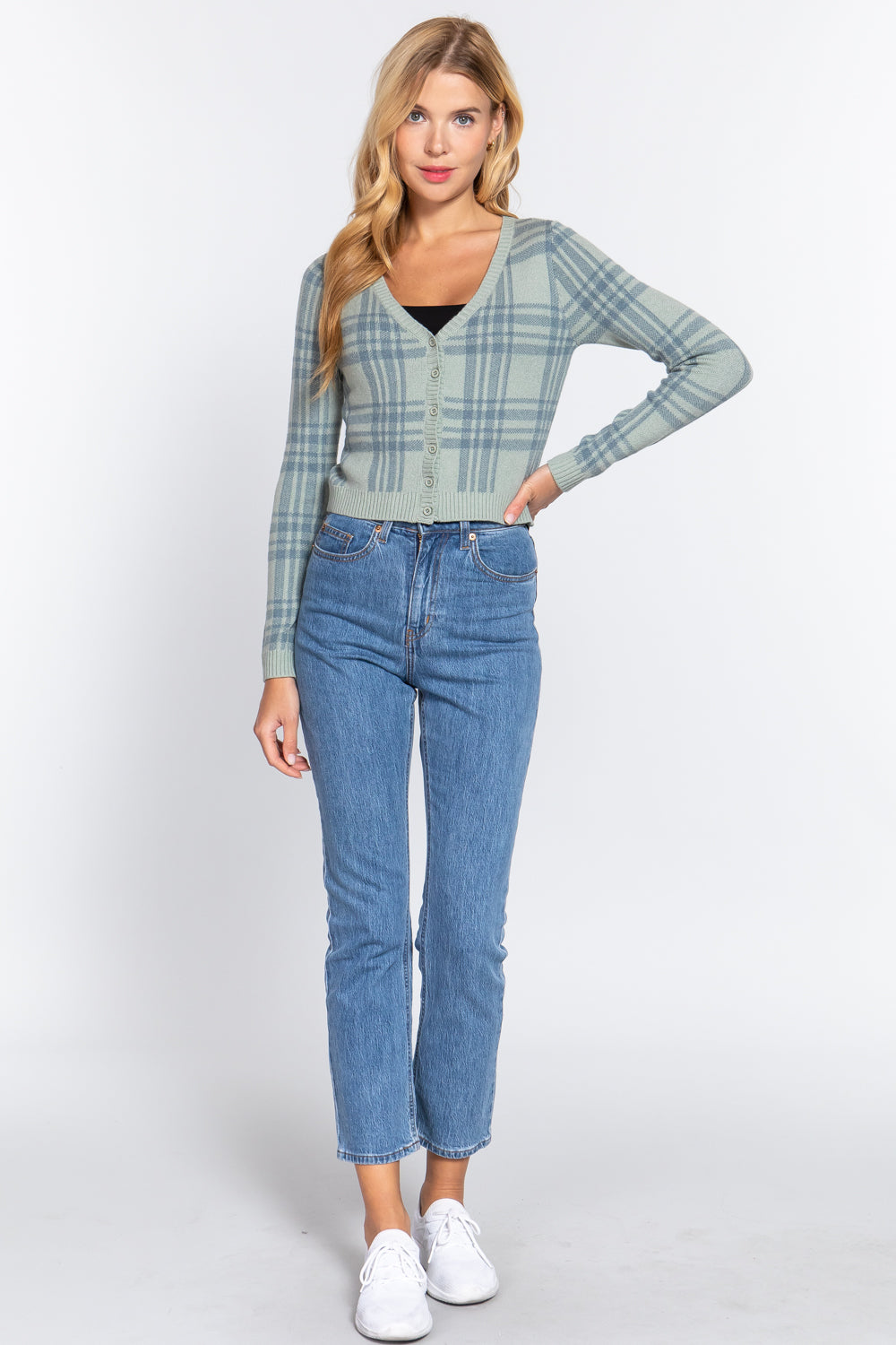 Cardigan à manches longues et col en V boutonné à carreaux