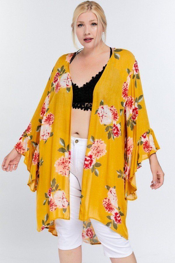 Cardigan kimono long drapé détaillé à volants et imprimé floral