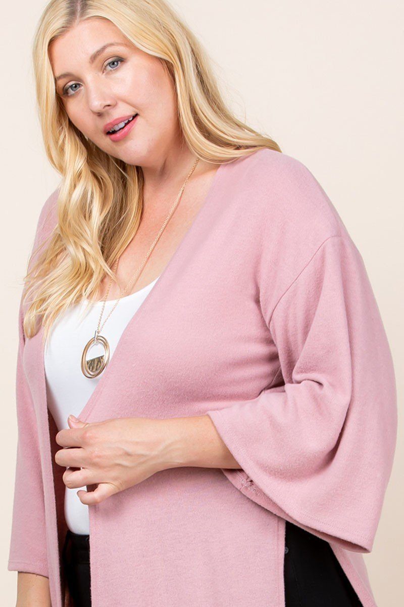 Cardigan long ouvert sur le devant avec brosse Hacci unie de grande taille avec manches cloche