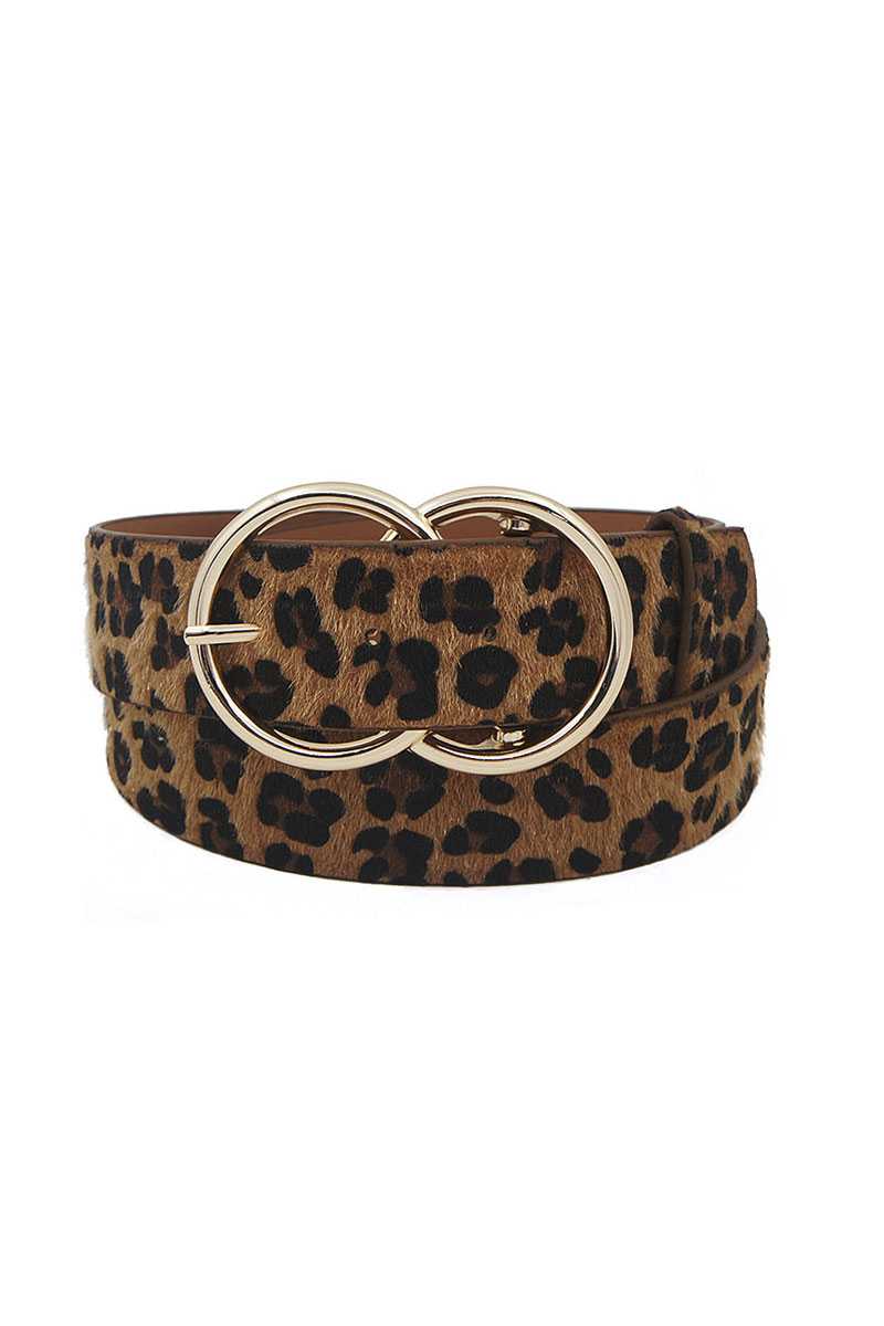 Ceinture à boucle à double anneau en fourrure léopard tendance