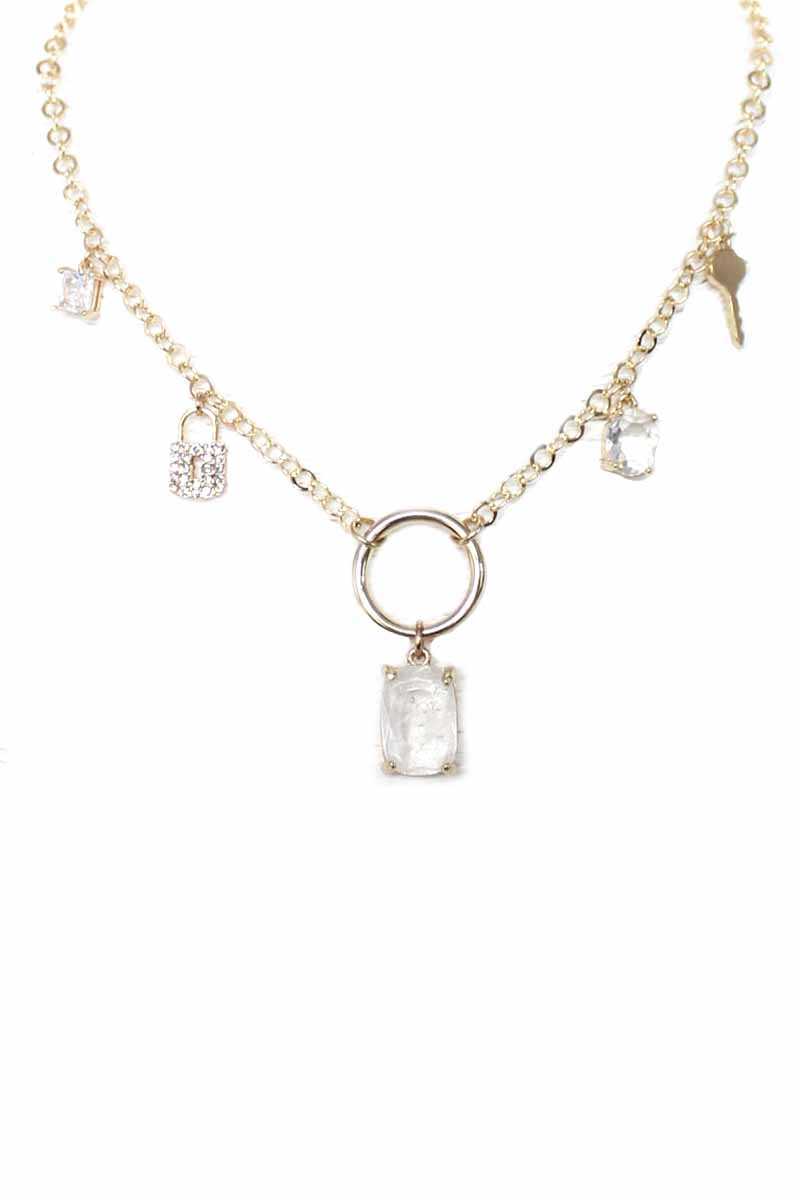 Chaîne en métal avec serrure en pierre de cristal et collier pendant clé