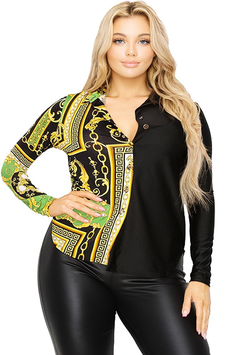 Chemise imprimée à manches longues et chaîne dorée