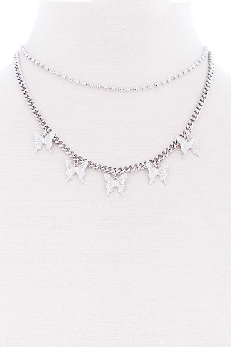 Collier à breloques papillon en métal à 2 couches