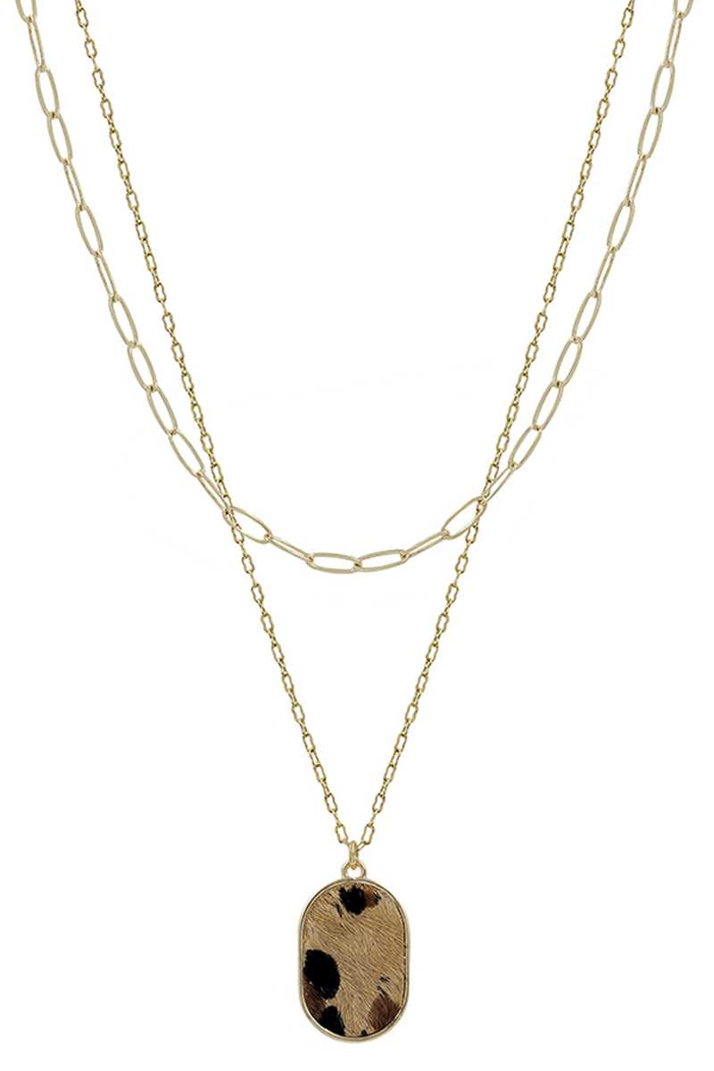 Collier à pendentif léopard ovale avec chaîne en métal à 2 couches