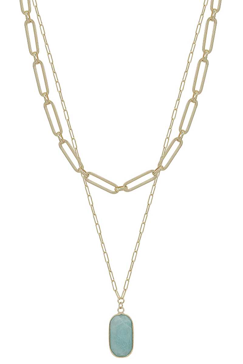 Collier avec pendentif en pierre et chaîne en métal à 2 couches