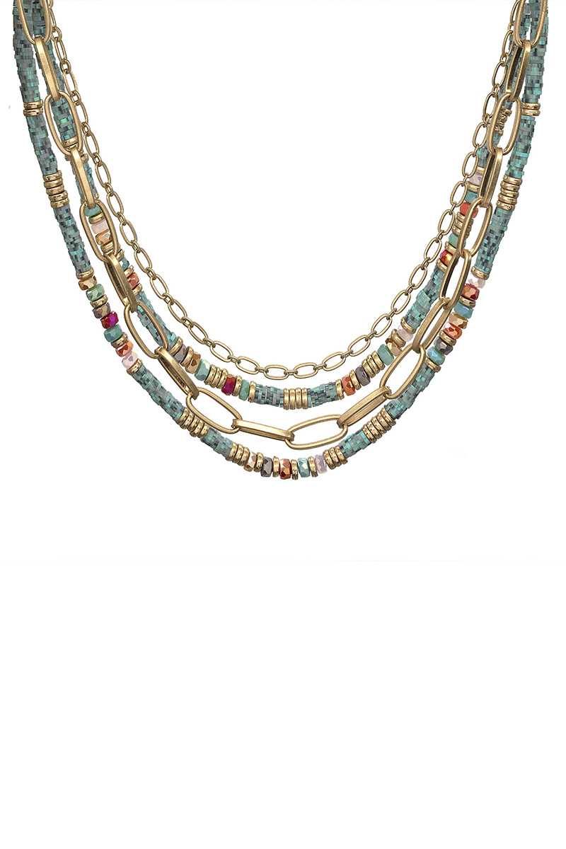 Collier de perles de pierre à chaîne en métal à 4 couches de mode