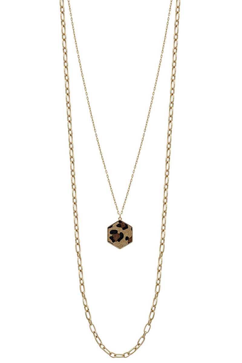 Collier long à pendentif léopard hexagonal en chaîne à 2 couches en métal