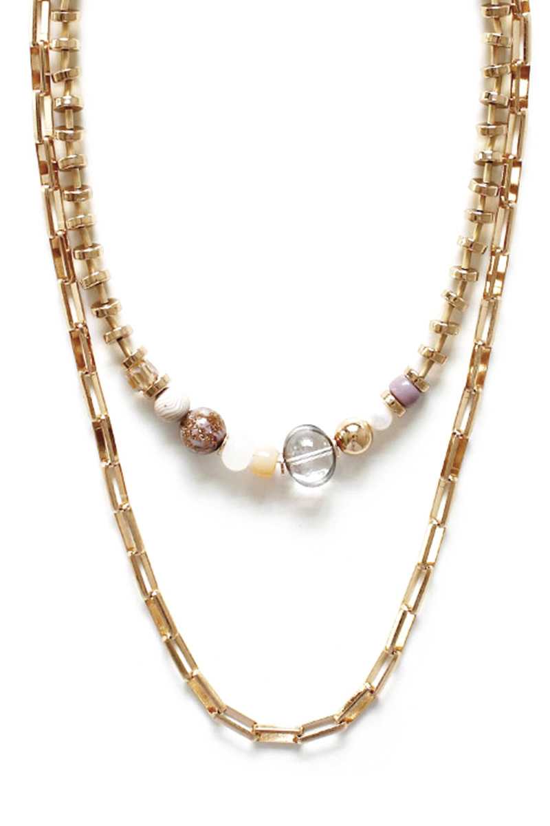 Collier multi-perles à chaîne en métal à 2 couches