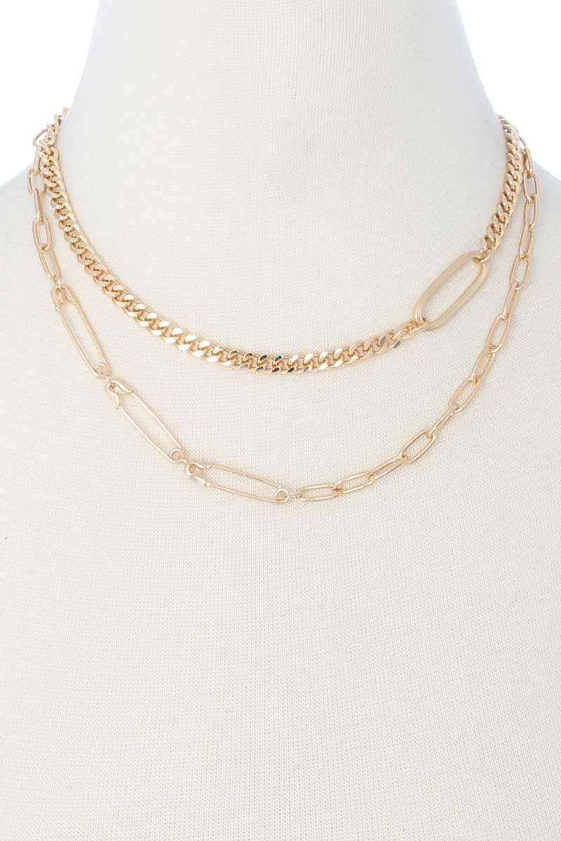 Collier multiple à chaîne à épingles pour vêtements en métal à 2 couches