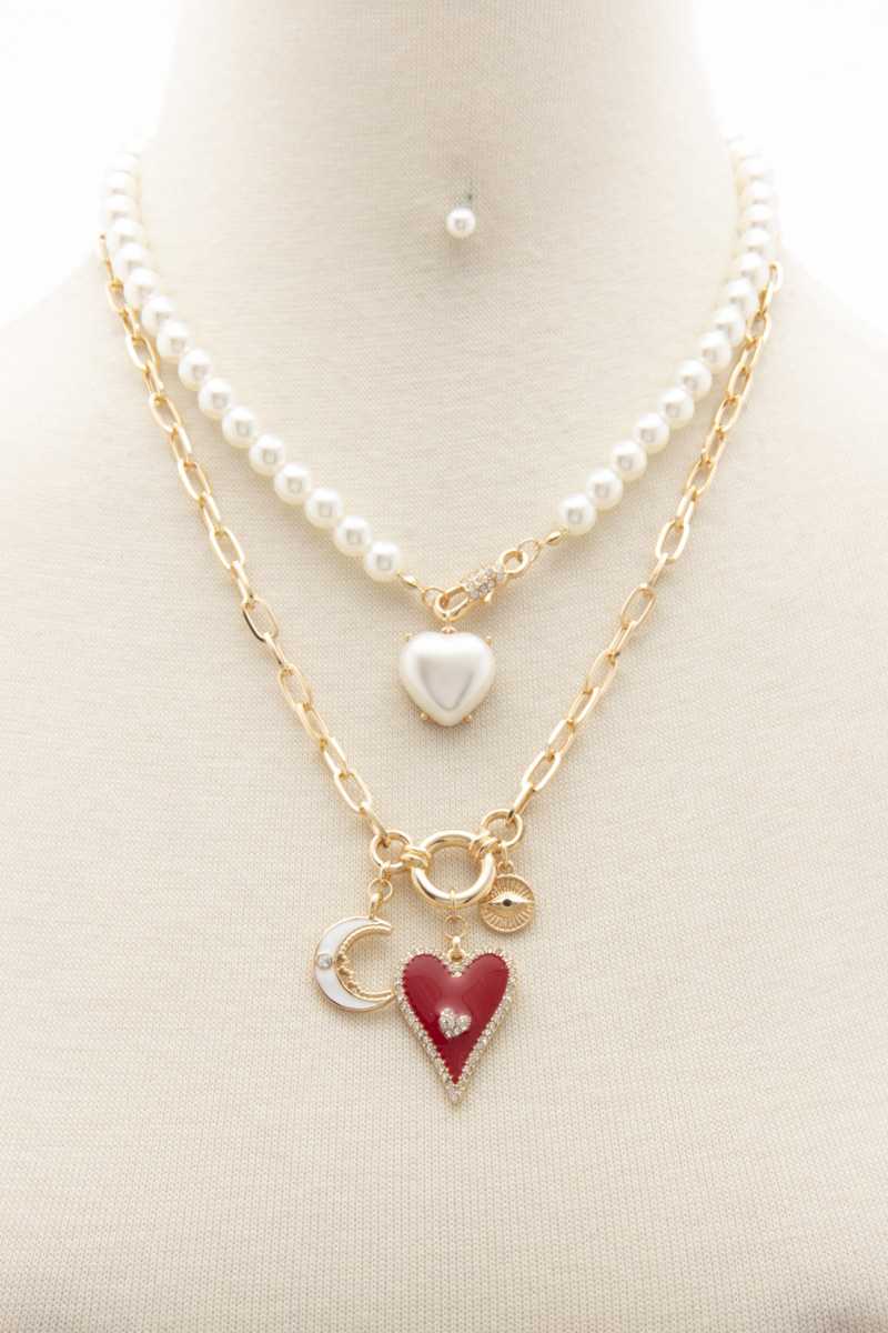 Collier superposé de perles à breloque cœur et lune