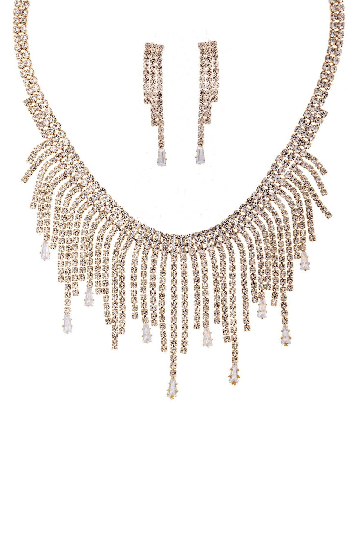 Ensemble collier et boucles d'oreilles à franges baguette en cristal strass
