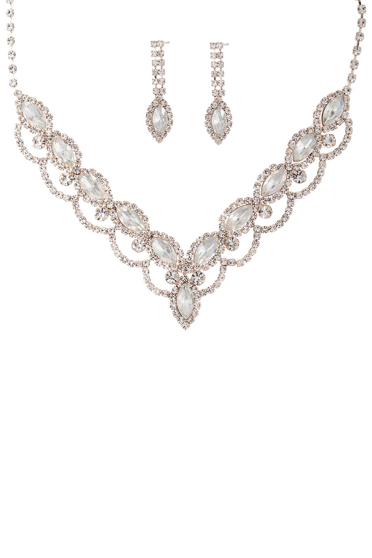 Ensemble collier et boucles d'oreilles en forme de V en forme de larme en strass