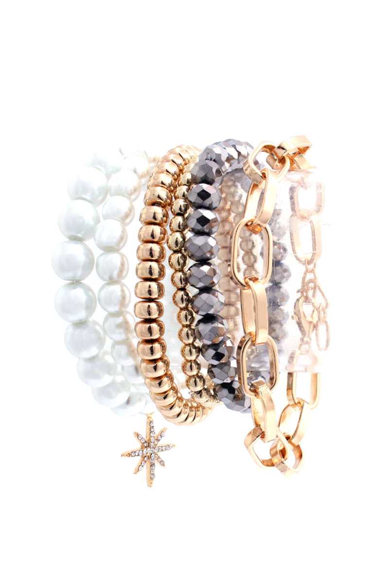 Ensemble de 6 bracelets multi-perles extensibles en métal et verre avec perles