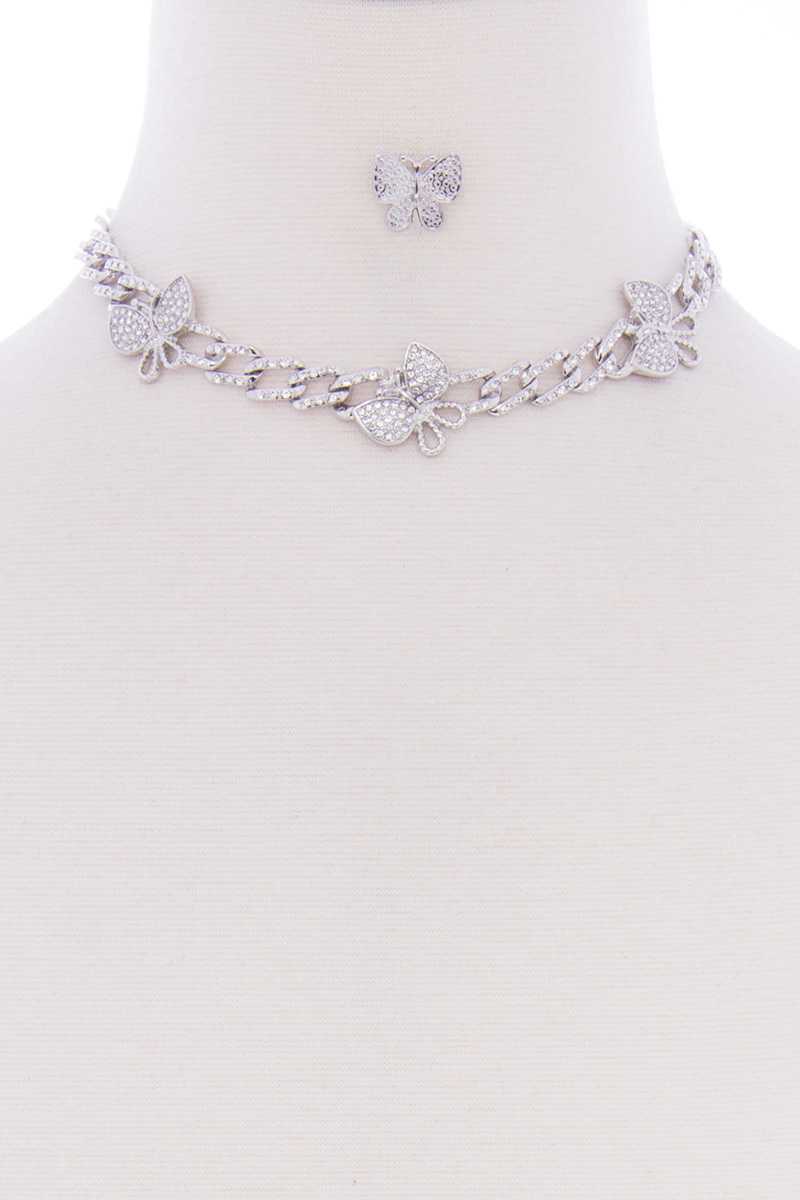 Ensemble de boucles d'oreilles, collier, chaîne à maillons en pierre métallique papillon