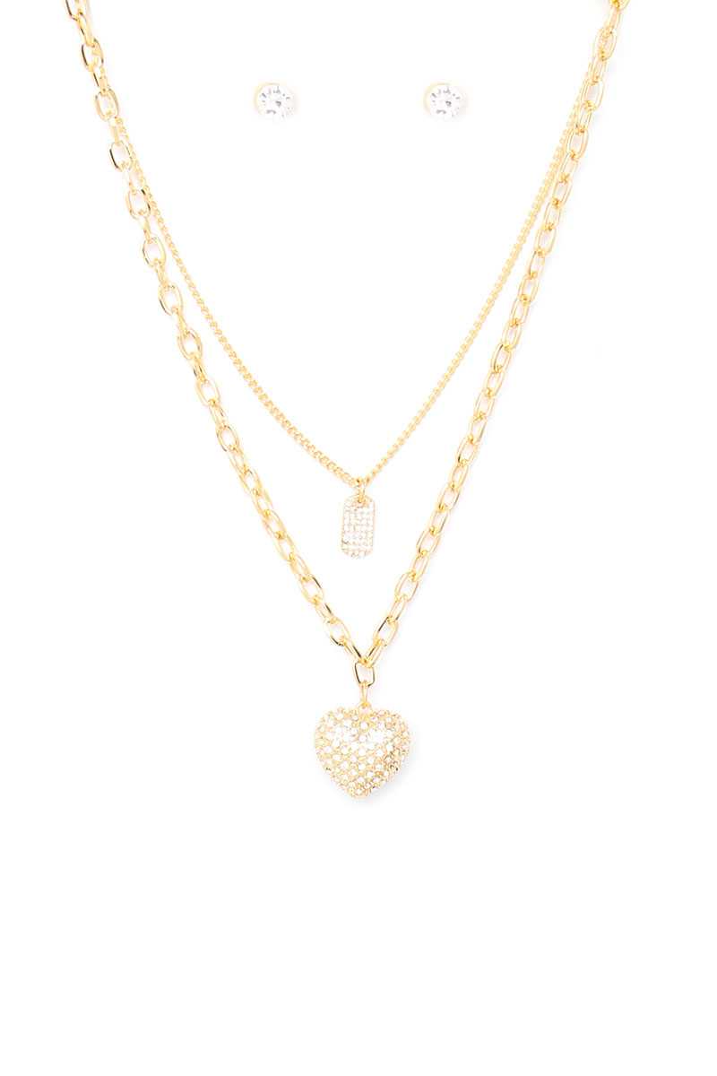 Ensemble de boucles d'oreilles et collier avec pendentif en forme de cœur en strass et chaîne en métal à 2 couches