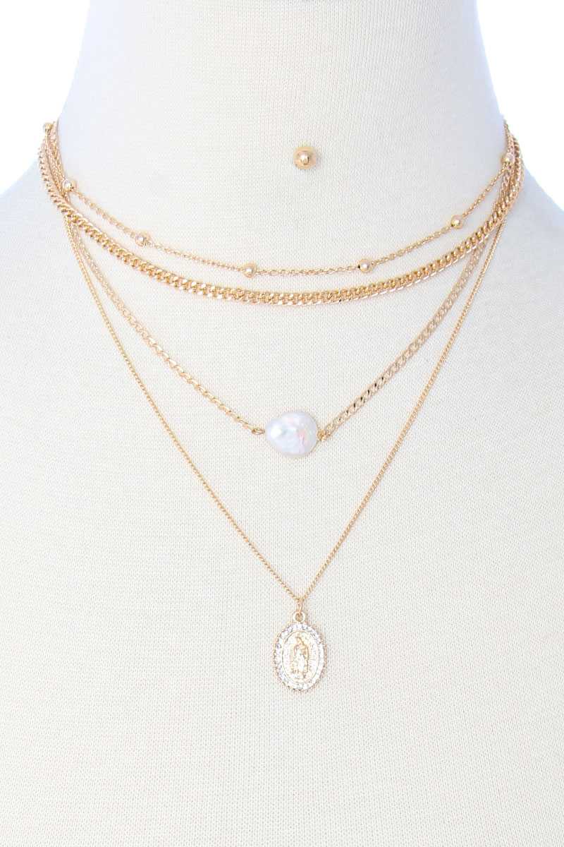 Ensemble de boucles d'oreilles et collier avec pendentif en perles et chaîne en métal à 4 couches