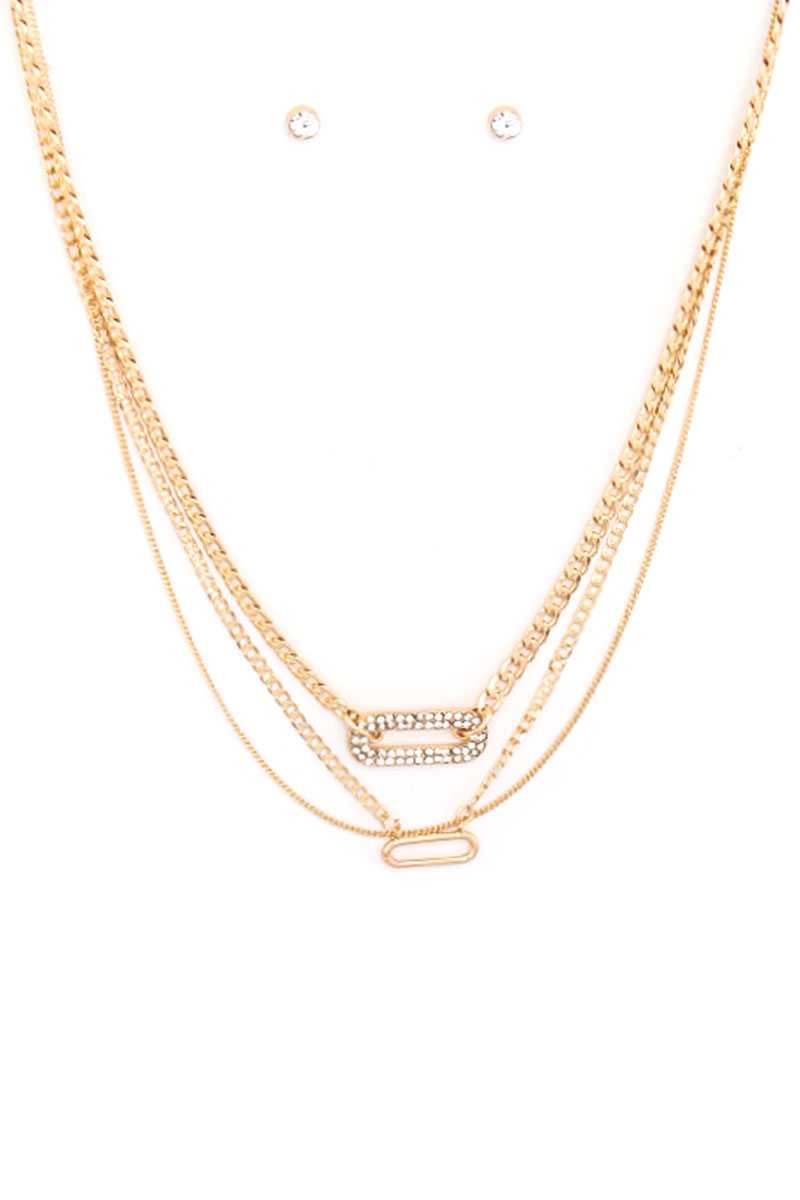 Ensemble de boucles d'oreilles et collier avec pendentif ovale en strass et chaîne en métal à 3 couches