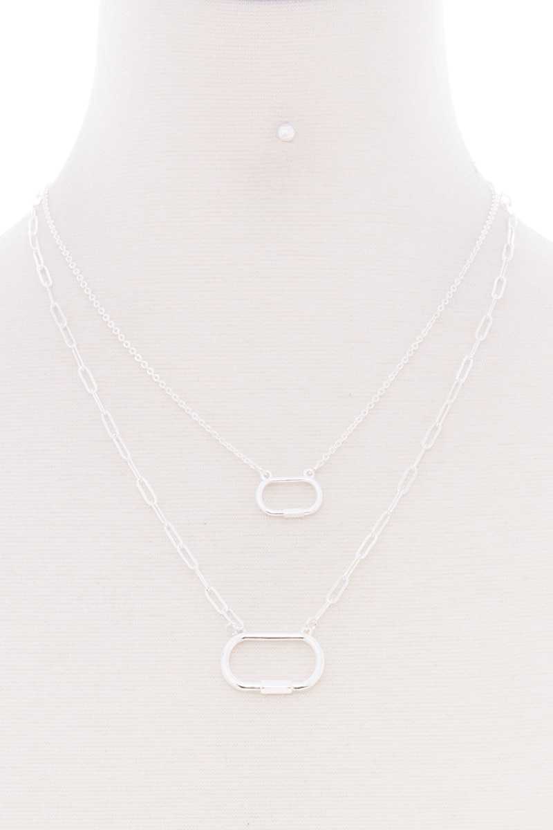 Ensemble de boucles d'oreilles et collier en métal avec pendentif ovale à chaîne à 2 couches