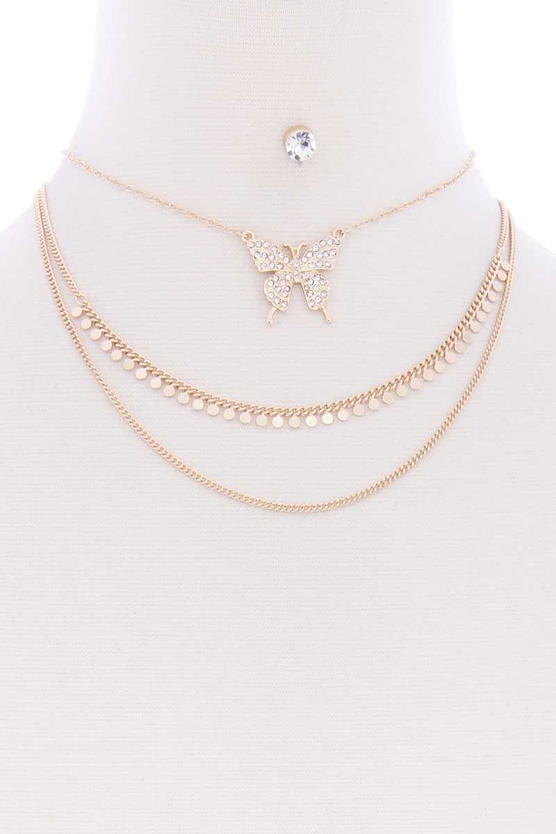 Ensemble de boucles d'oreilles et colliers en métal papillon à chaîne à 3 couches