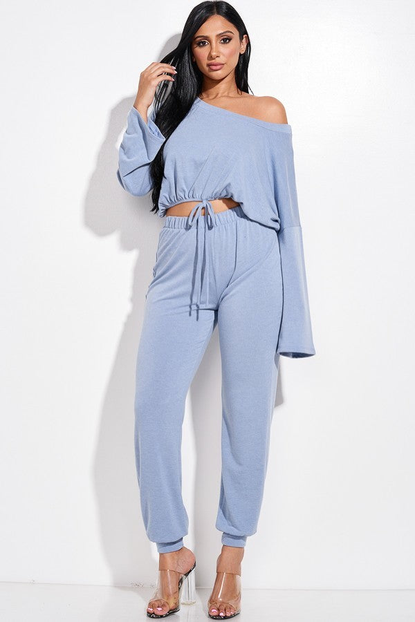 Ensemble deux pièces haut ample à manches longues en tissu éponge uni noué sur le devant et pantalon de jogging