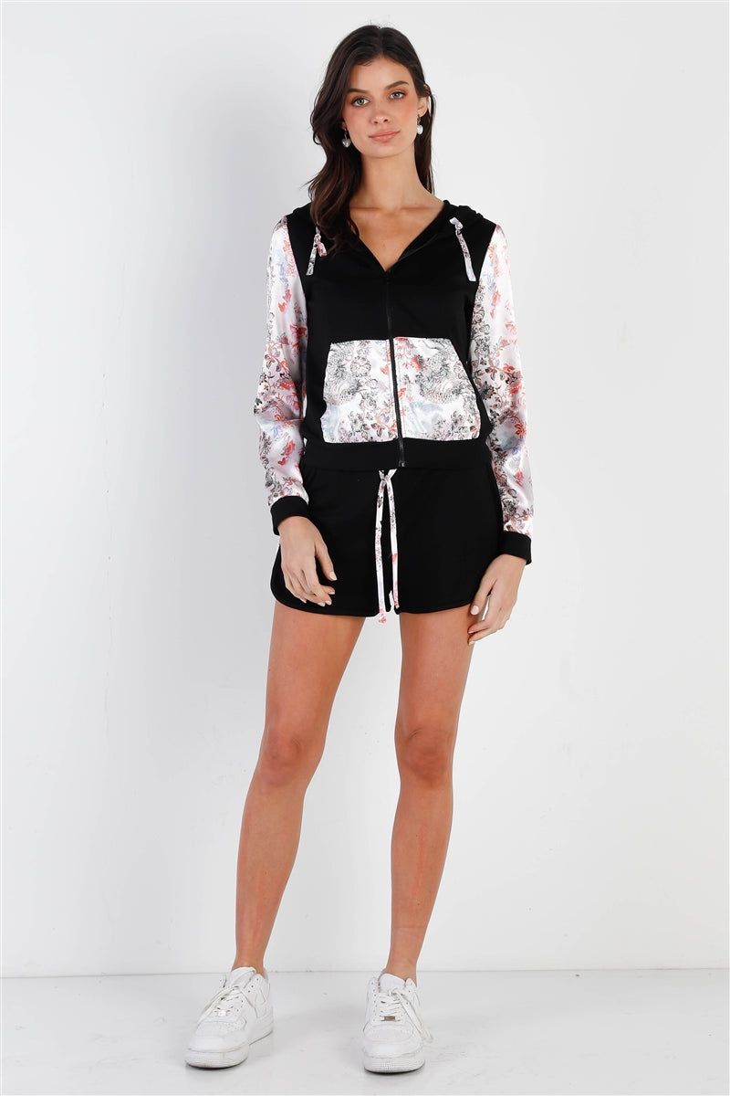 Ensemble haut et short à capuche zippé et imprimé multicolore noir et multicolore