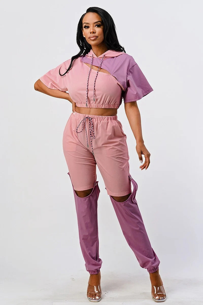 Ensemble pantalon en color block avec sweat à capuche et partie inférieure amovible