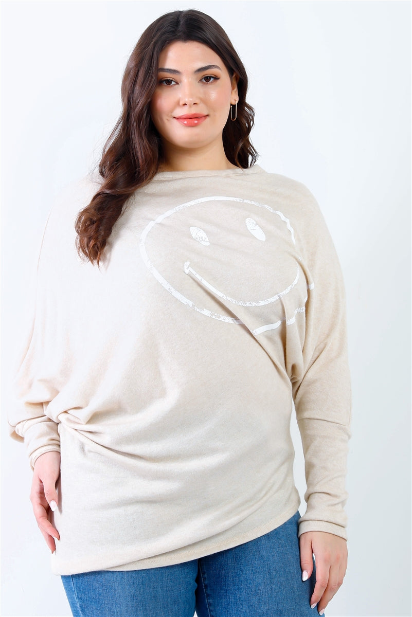 Haut à manches chauve-souris en flanelle imprimée sur le devant Plus Smile