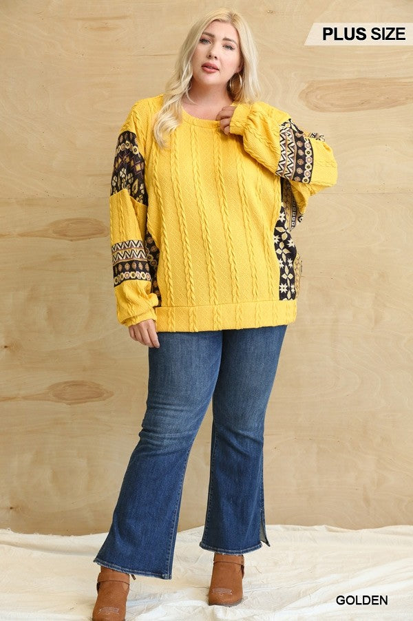 Haut ample mixte en tricot côtelé texturé et motif aztèque
