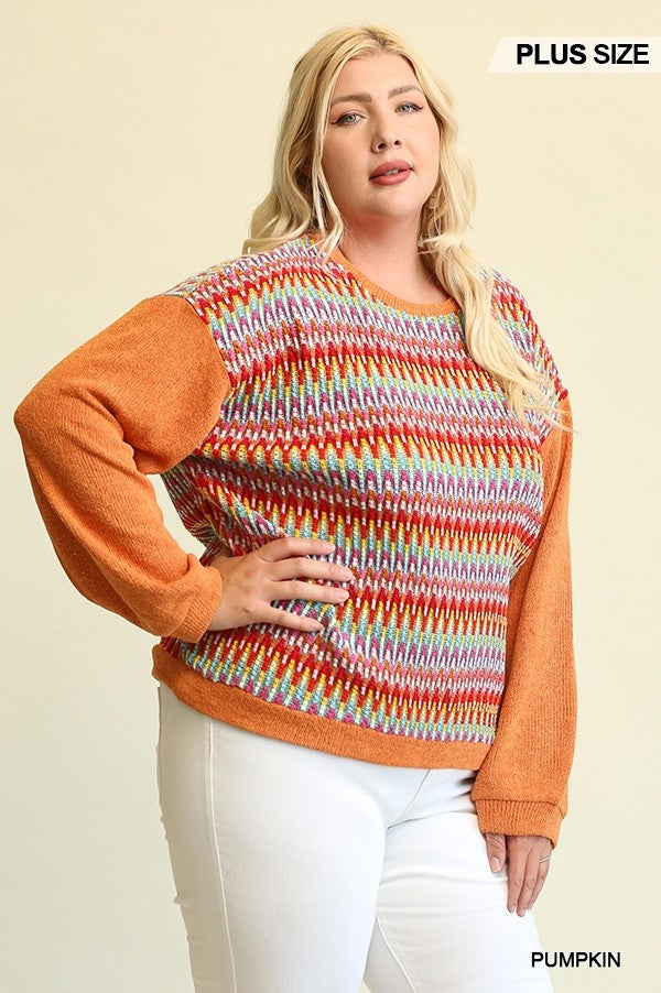 Haut ample mixte en tricot fantaisie et en tricot uni avec épaule tombante