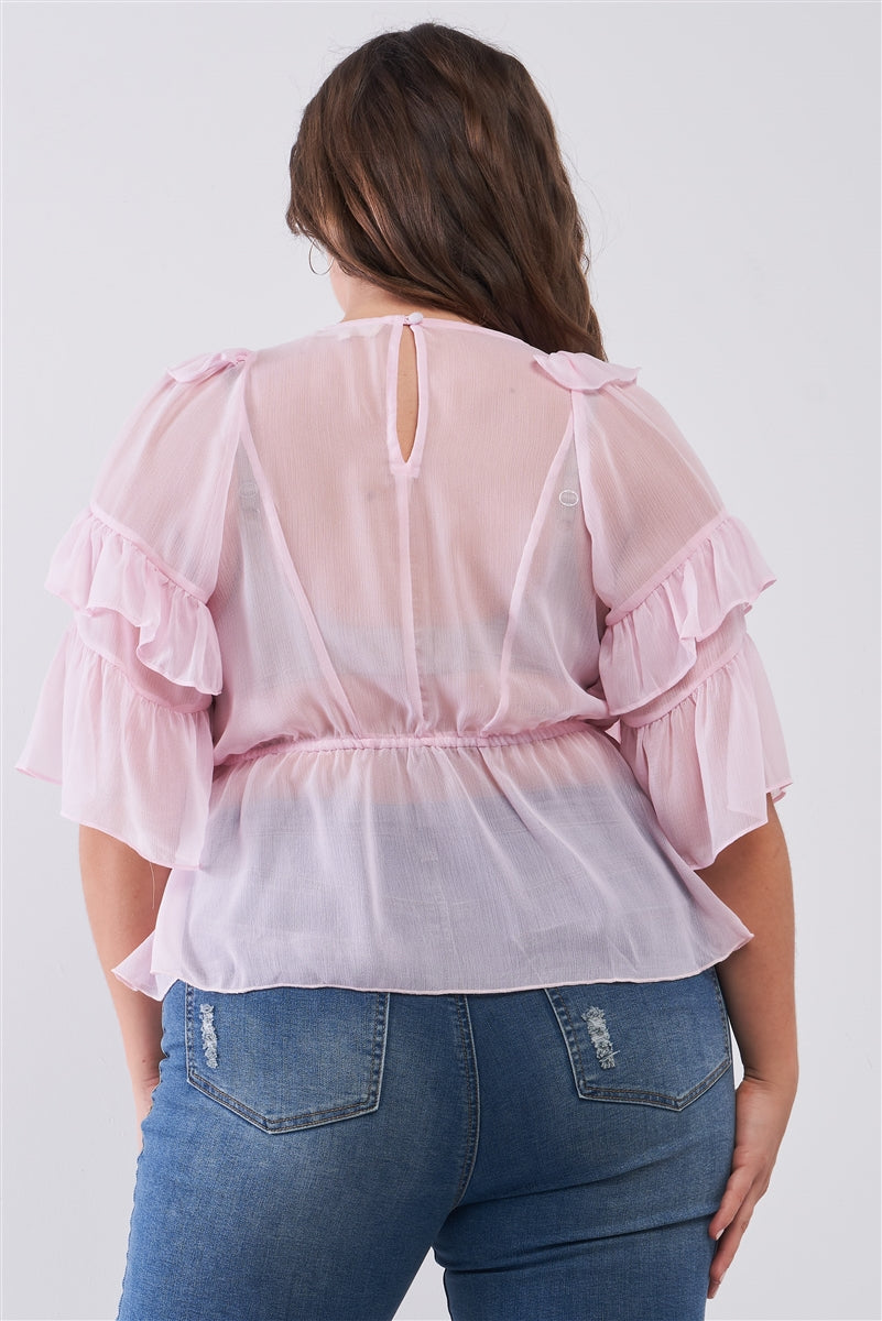 Haut décontracté à manches larges et volants en maille transparente à lacets et col en V