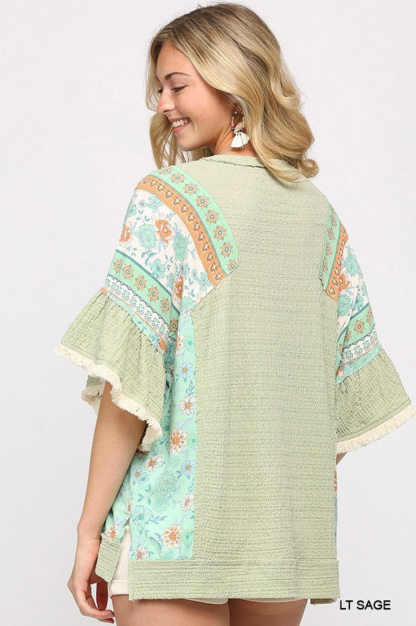 Haut mixte en tricot texturé et imprimé à ourlet bas