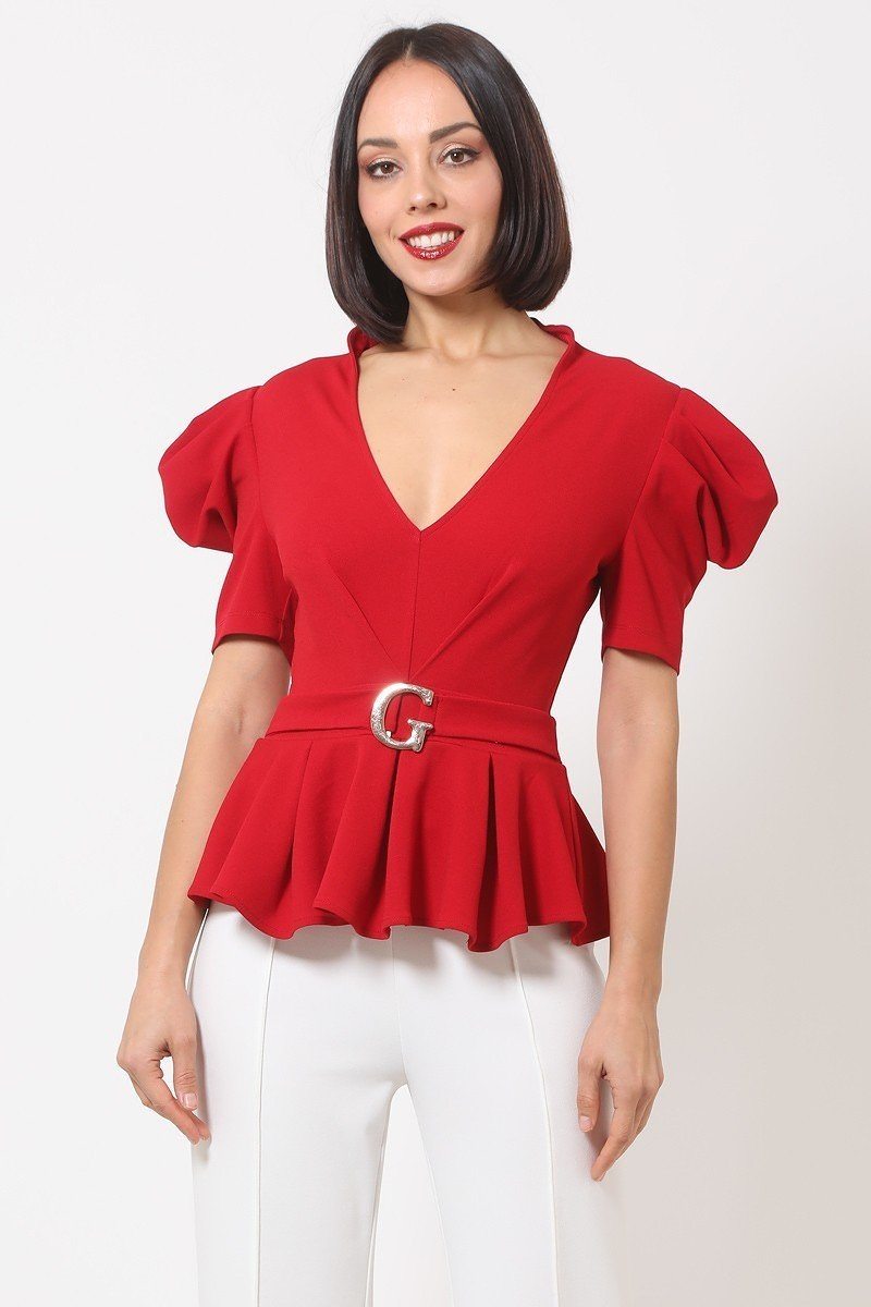 Haut tendance drapé à épaules bouffantes avec boucle en G