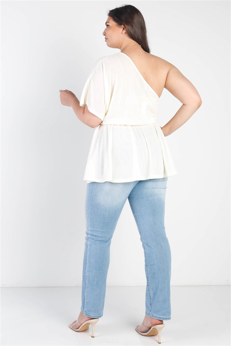 Haut texturé crème à une épaule et taille élastique, ourlet évasé