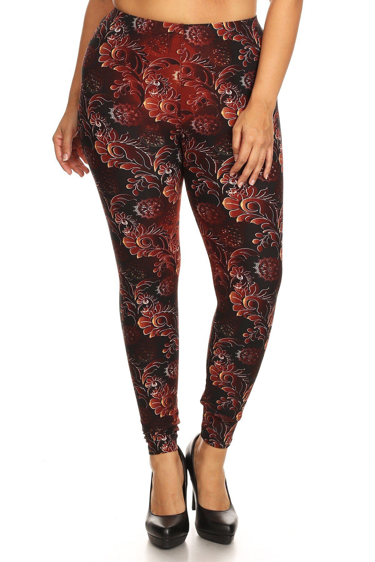 Imprimé abstrait grande taille, legging pleine longueur dans un style ajusté avec une taille haute à bandes.
