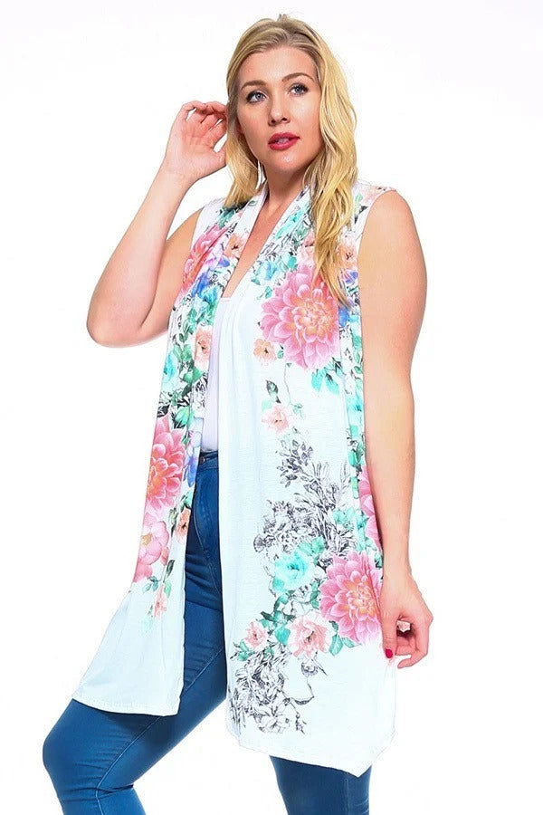Imprimé floral, gilet ouvert sur le devant avec un ourlet asymétrique.