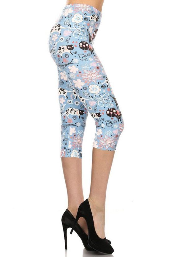 Legging Capri taille haute imprimé chats et fleurs