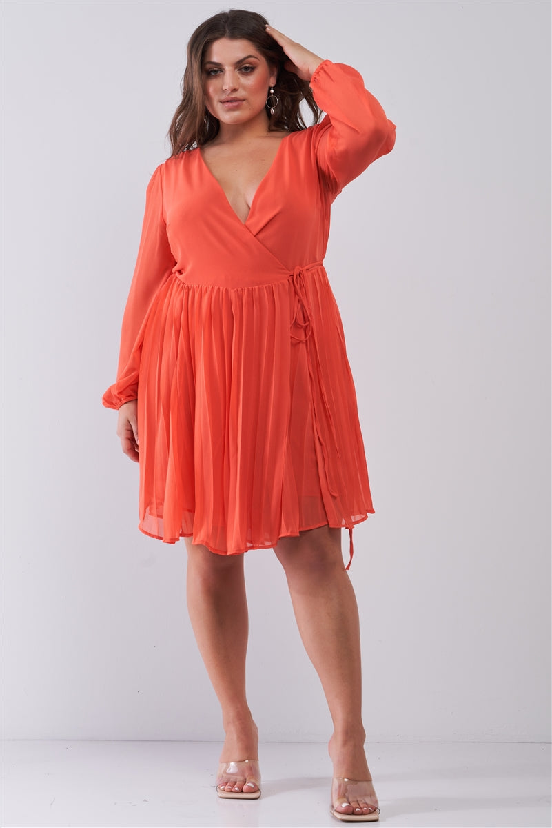 Mini-robe plissée à col en V profond et manches longues bouffantes avec poignets élastiqués et mini-robe plissée – Image 2
