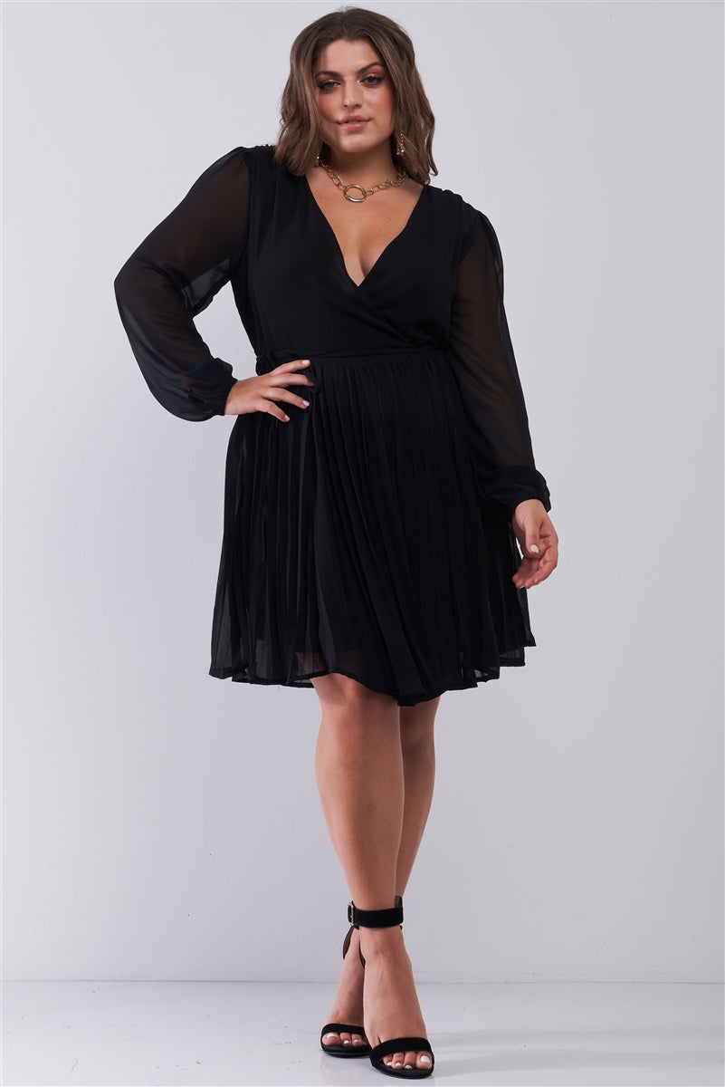 Mini-robe plissée à col en V profond et manches longues bouffantes avec poignets élastiqués et mini-robe plissée – Image 6