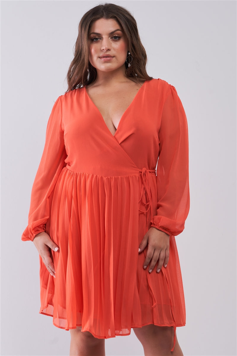 Mini-robe plissée à col en V profond et manches longues bouffantes avec poignets élastiqués et mini-robe plissée – Image 8