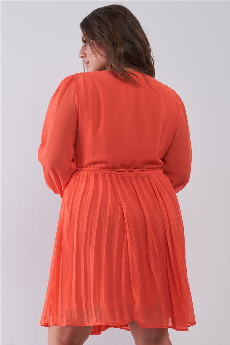 Mini-robe plissée à col en V profond et manches longues bouffantes avec poignets élastiqués et mini-robe plissée – Image 3