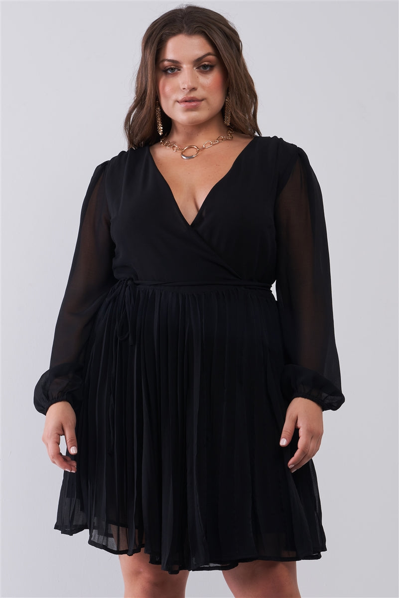 Mini-robe plissée à col en V profond et manches longues bouffantes avec poignets élastiqués et mini-robe plissée – Image 12